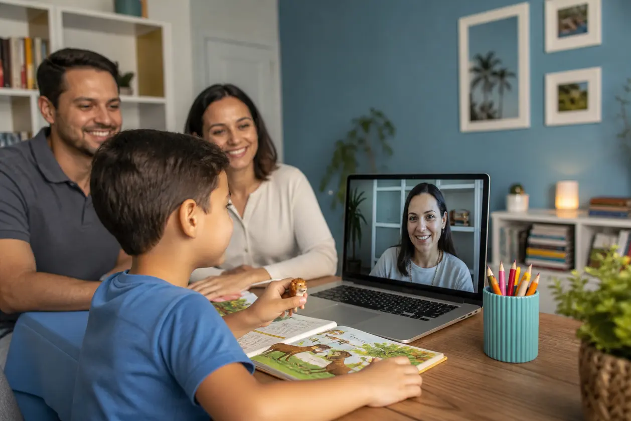 Foto ilustrativa de criança realizando sessão de terapia online acompanhada dos pais