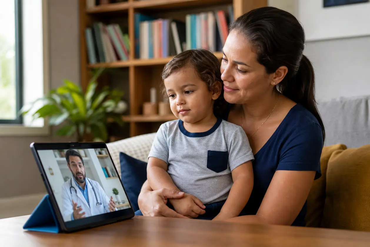 Foto ilustrativa de mãe realizando consulta online com pediatra com o filho no colo
